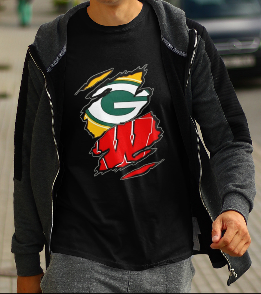 Green Bay Packers Wisconsin Badgers Two Teams One Heart Scratch T-Shirt