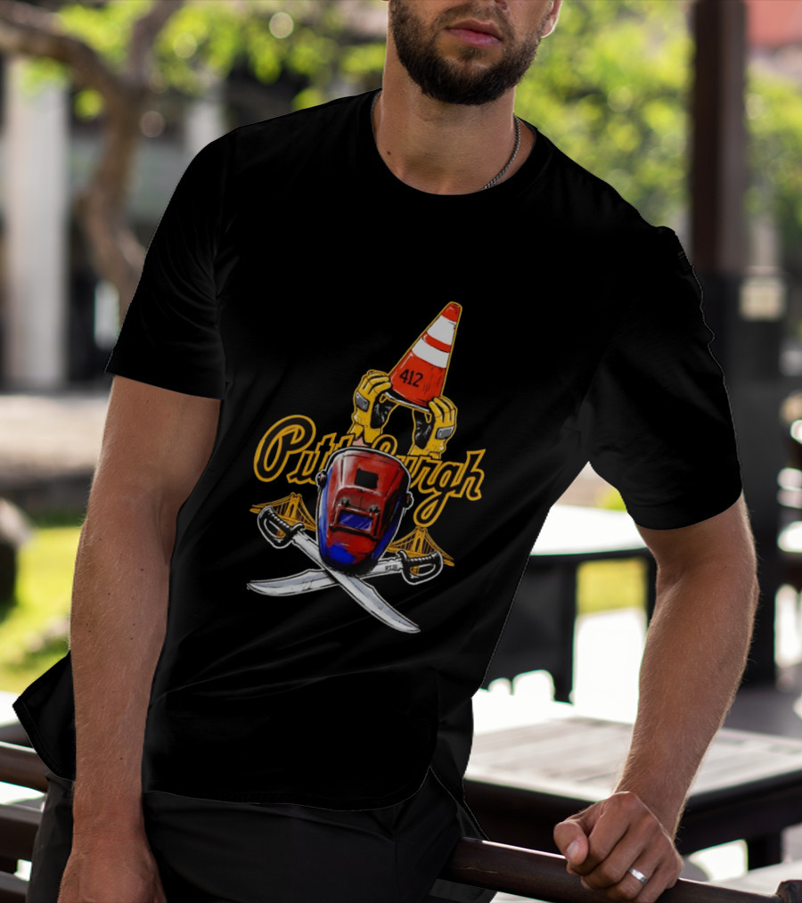 Pittsburgh 412 Welding Mask Construction Cone Crossed Swords Yellow Bridge T-Shirt