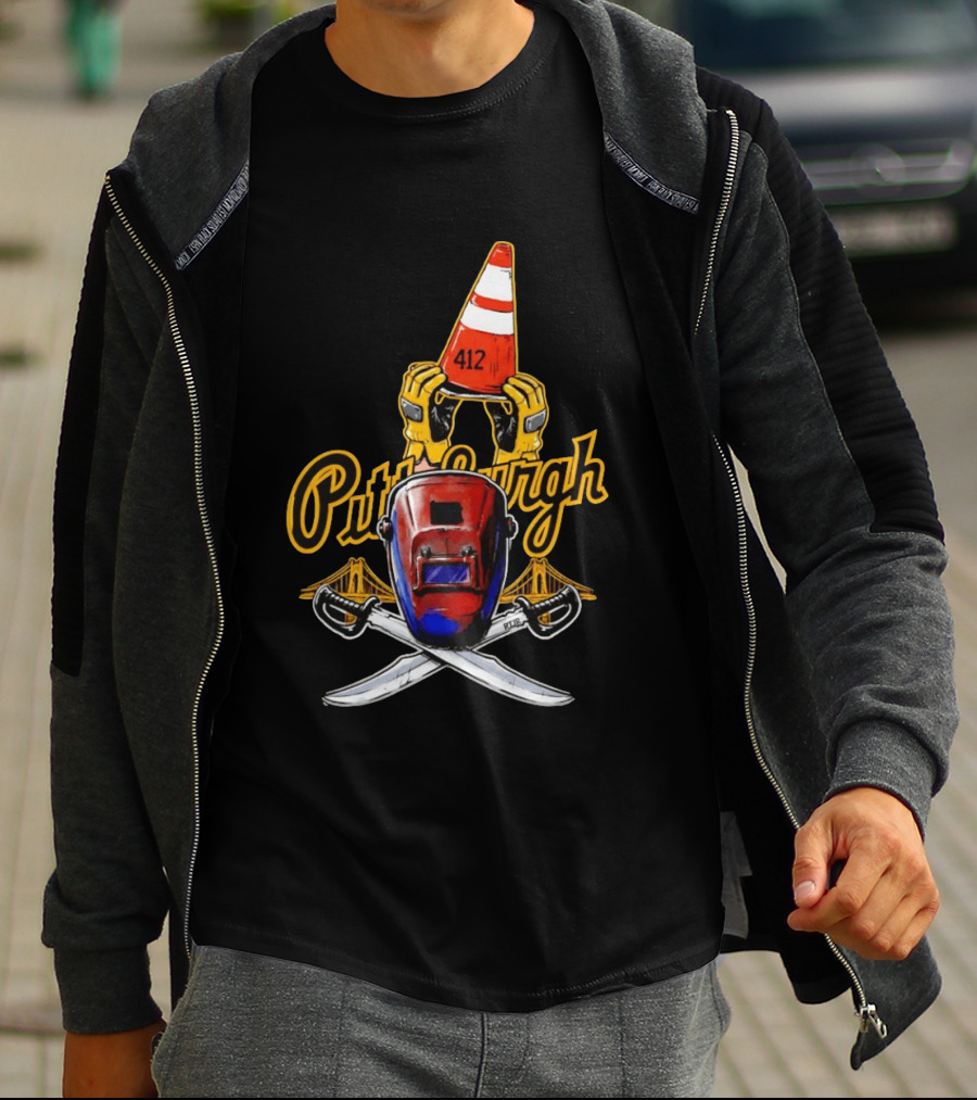 Pittsburgh 412 Welding Mask Construction Cone Crossed Swords Yellow Bridge T-Shirt