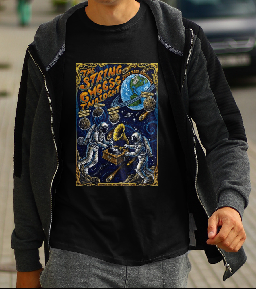 The String Cheese Incident Summer 2026 Just Keep Spinning Tour Astronauts Vinyl Planet T-Shirt