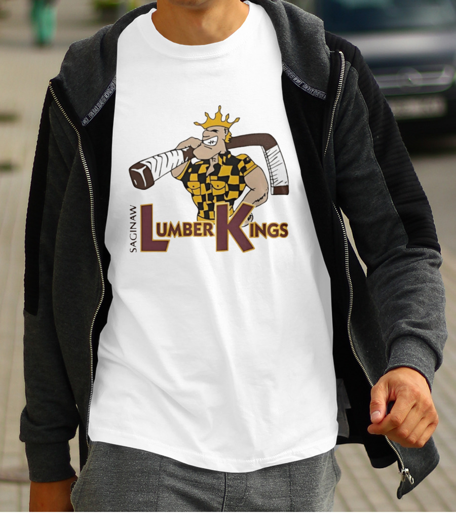Saginaw Lumber Kings Hockey Team Logo Player With Crown And Hockey Stick T-Shirt
