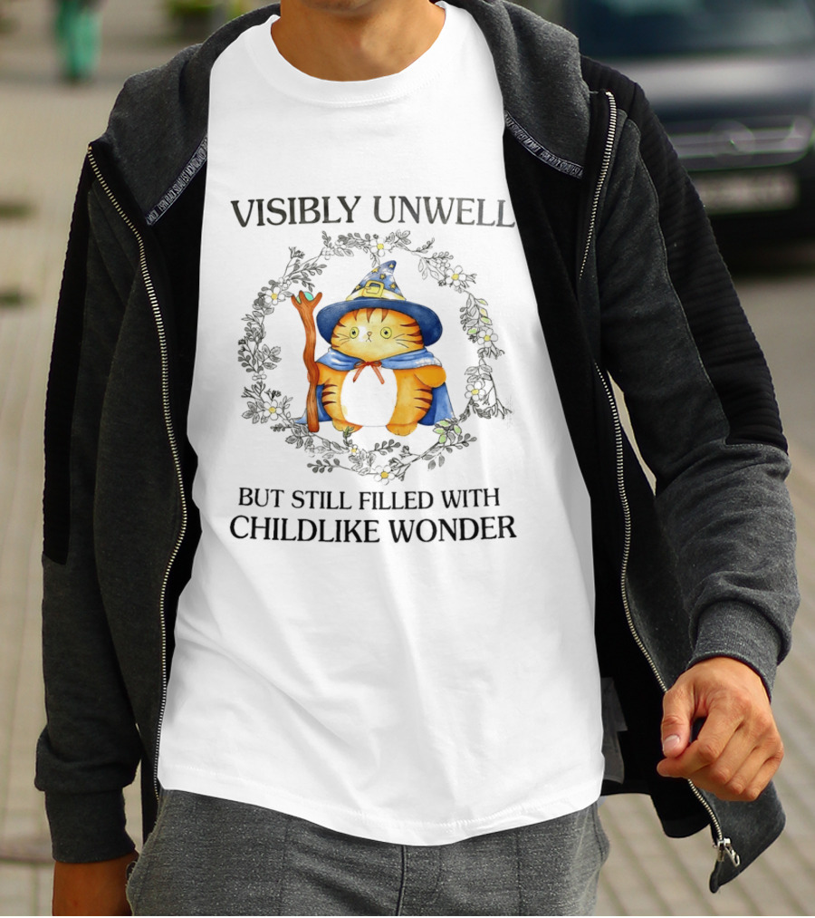 Visibly Unwell Cat With Childlike Wonder Wizard Hat And Cloak T-Shirt