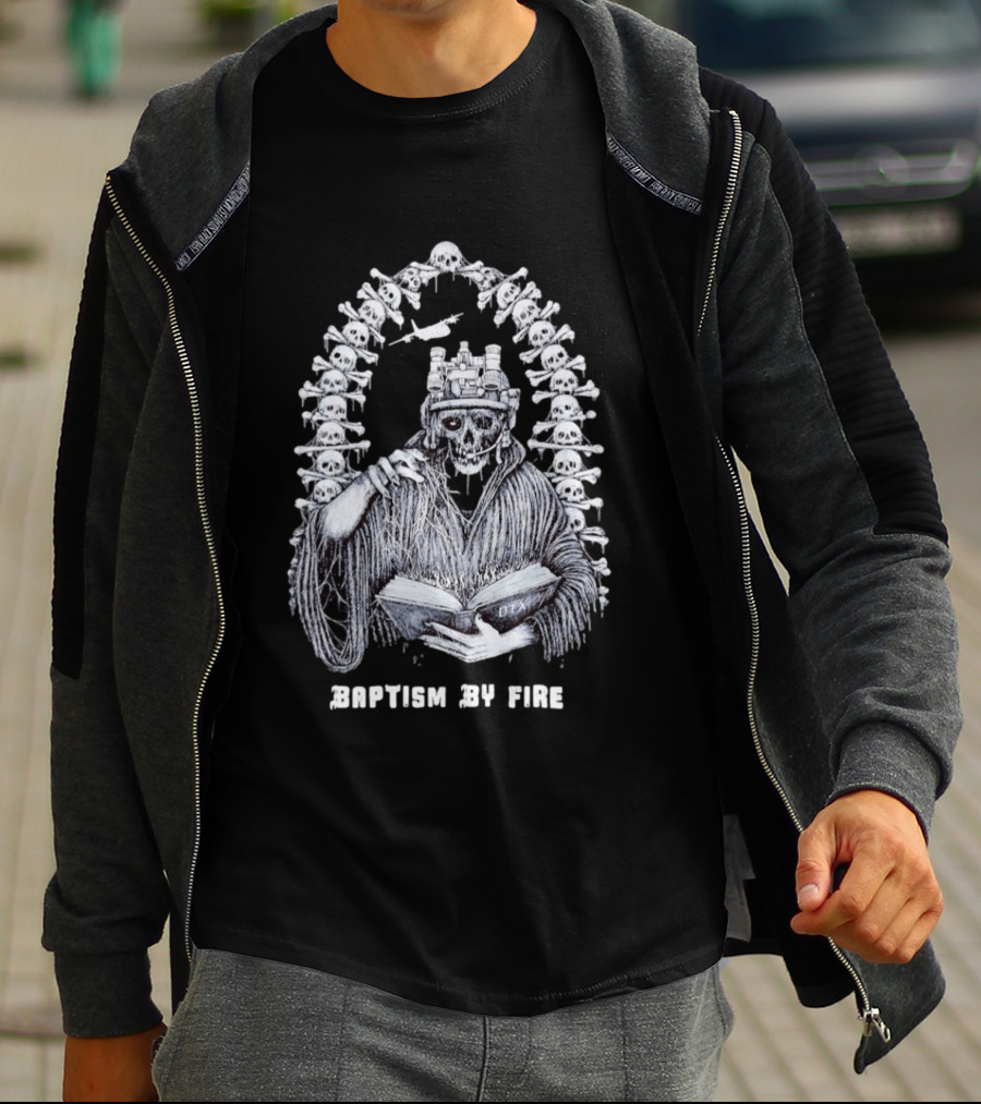 Baptism By Fire Skeleton Soldier Night Vision Goggles Book And Skulls T-Shirt