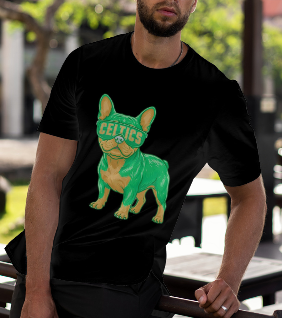 Boston Celtics French Bulldog Wearing Celtics Glasses T-Shirt