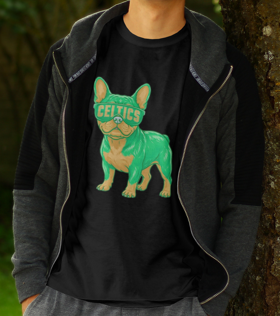 Boston Celtics French Bulldog Wearing Celtics Glasses T-Shirt
