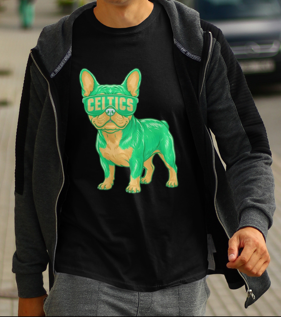 Boston Celtics French Bulldog Wearing Celtics Glasses T-Shirt