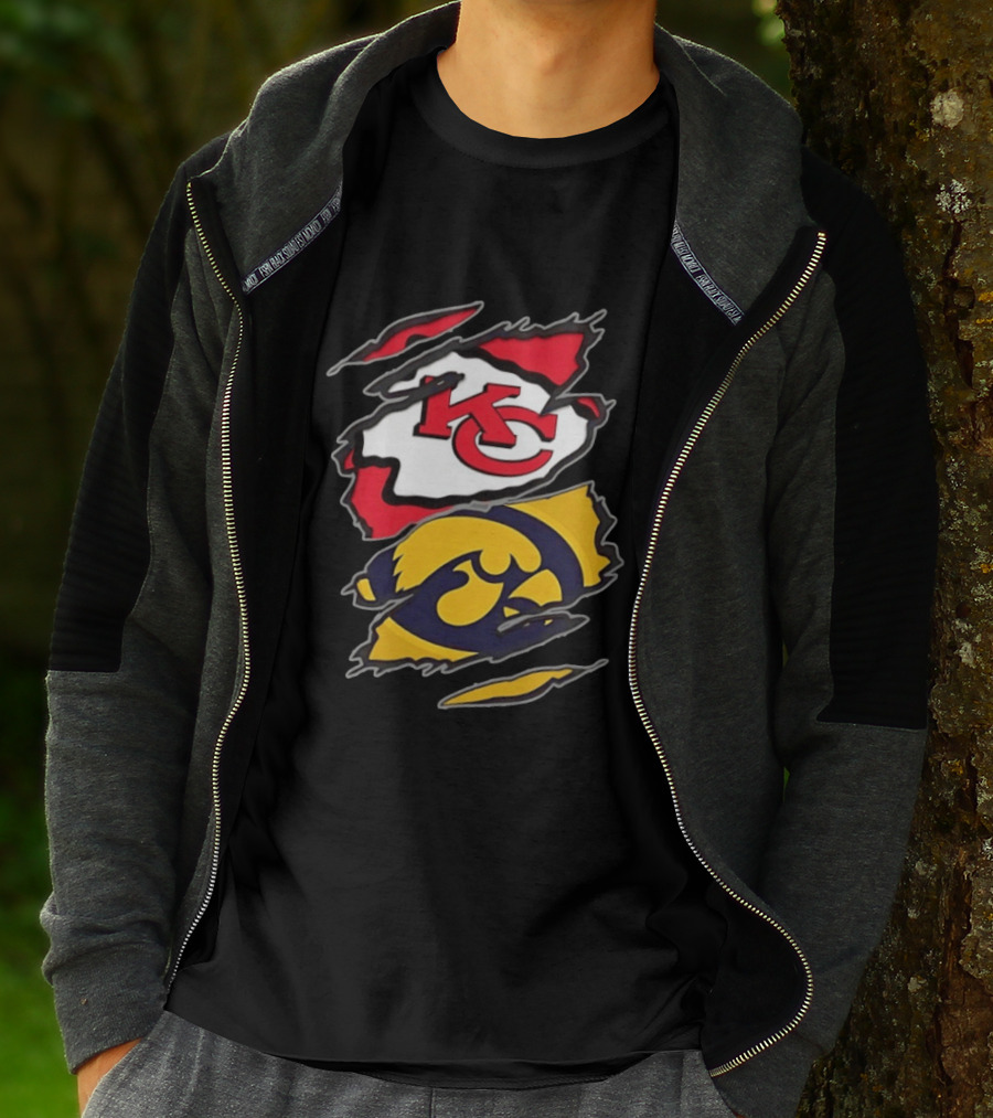 Kansas City Chiefs And Iowa Hawkeyes Two Teams One Heart Scratch KC Logo Iowa T-Shirt
