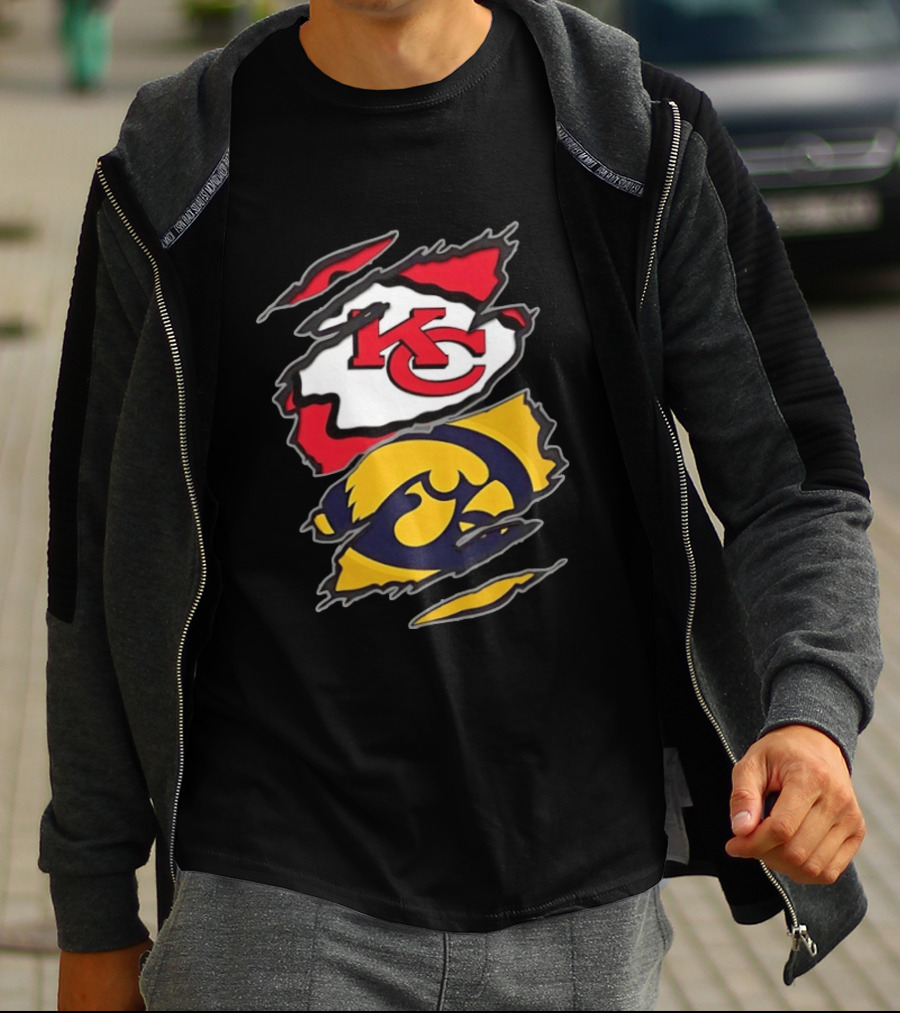 Kansas City Chiefs And Iowa Hawkeyes Two Teams One Heart Scratch KC Logo Iowa T-Shirt