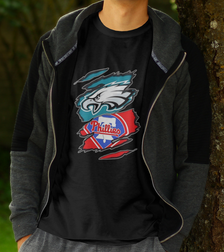 Philadelphia Eagles And Philadelphia Phillies Two Teams One Heart Scratch Logo Fusion T-Shirt