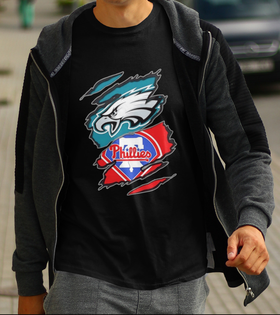 Philadelphia Eagles And Philadelphia Phillies Two Teams One Heart Scratch Logo Fusion T-Shirt