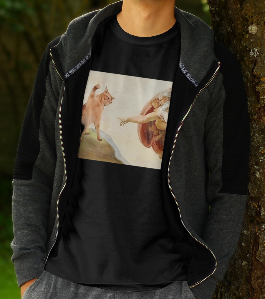 Floppa Meets Creation In Iconic God Touching Fingers Scene T-Shirt