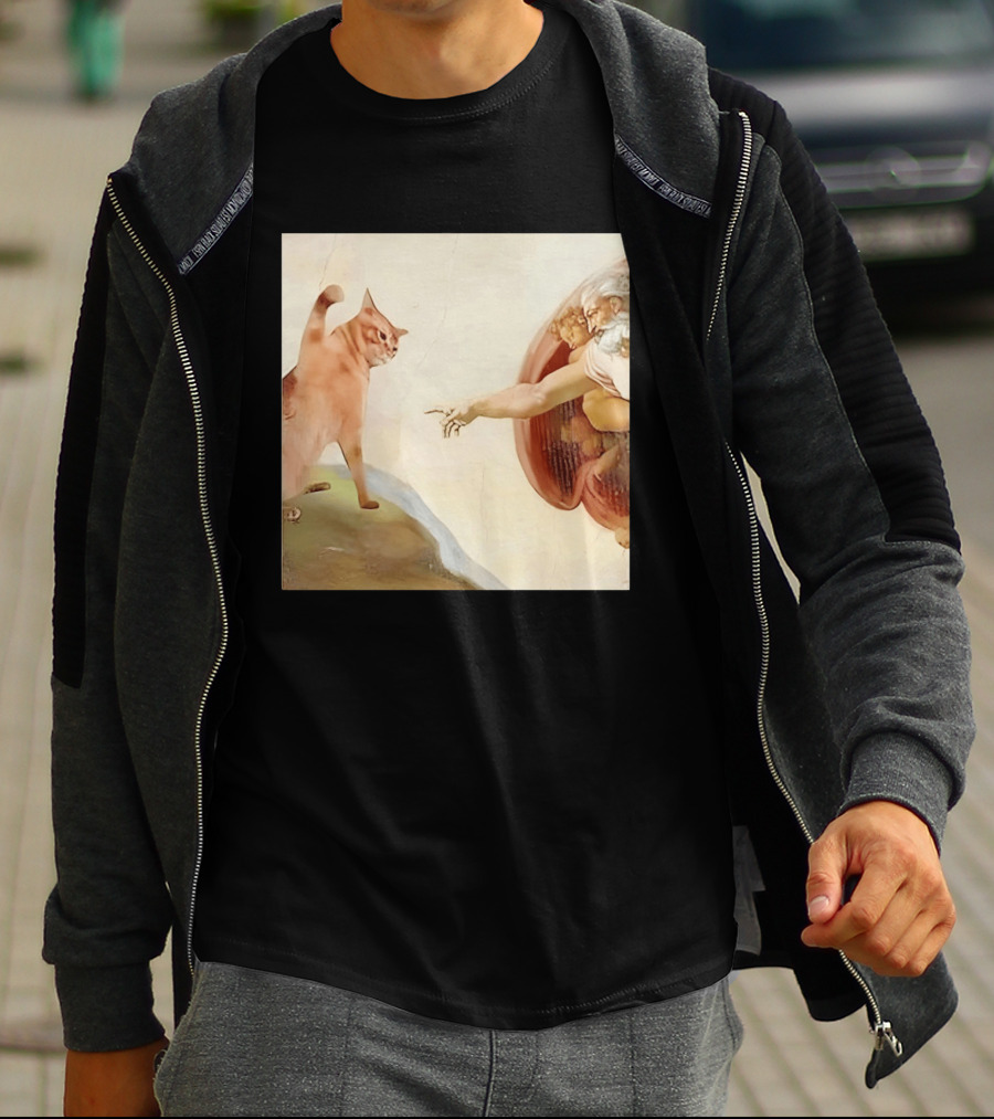 Floppa Meets Creation In Iconic God Touching Fingers Scene T-Shirt