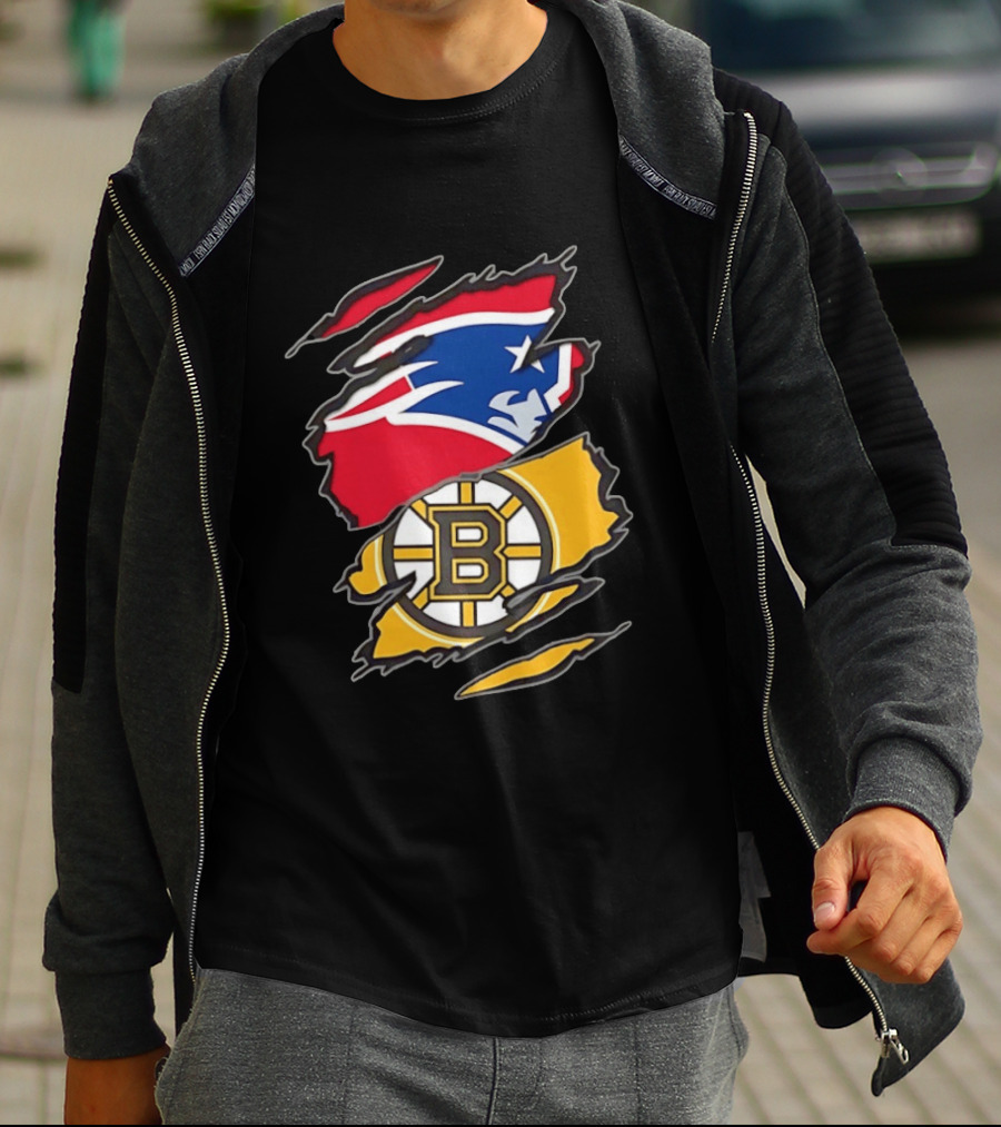 New England Patriots Boston Bruins Two Teams One Heart Scratch NFL NHL Fan T-Shirt