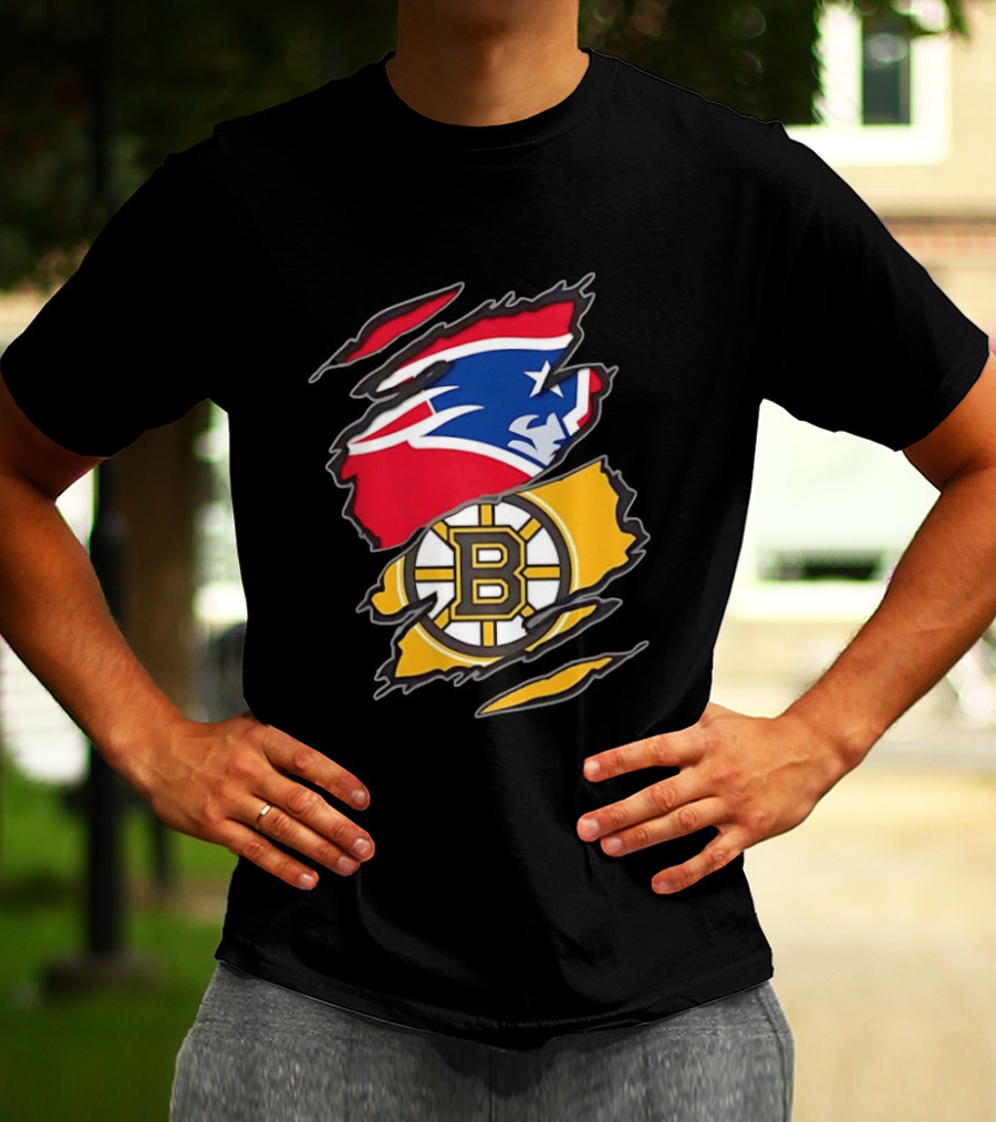 New England Patriots Boston Bruins Two Teams One Heart Scratch NFL NHL Fan T-Shirt