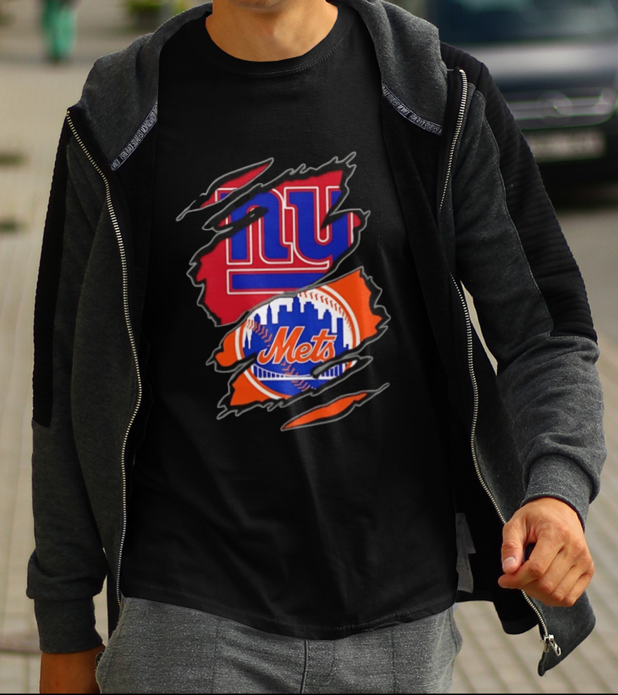 New York Giants New York Mets Two Teams One Heart Scratch T-Shirt