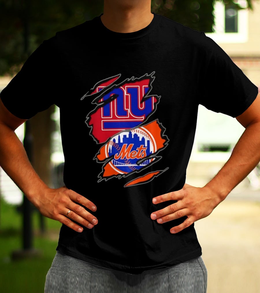 New York Giants New York Mets Two Teams One Heart Scratch T-Shirt