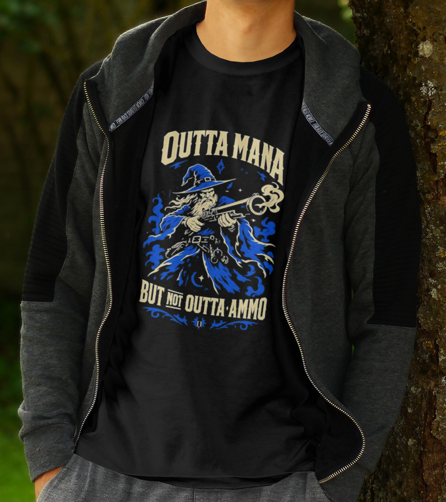 Outta Mana But Not Outta Ammo Wizard Fantasy Magical Gunslinger T-Shirt