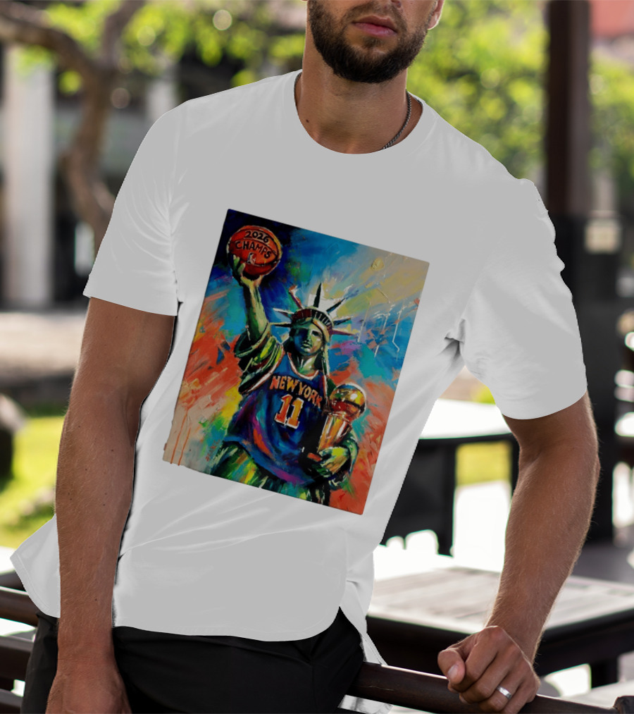 New York Knicks 11 Statue Of Liberty 2026 Champs Trophy Basketball T-Shirt
