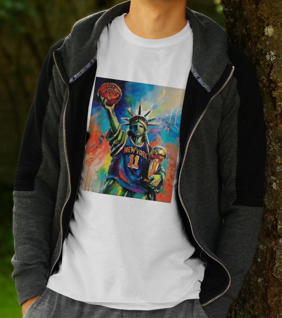 New York Knicks 11 Statue Of Liberty 2026 Champs Trophy Basketball T-Shirt