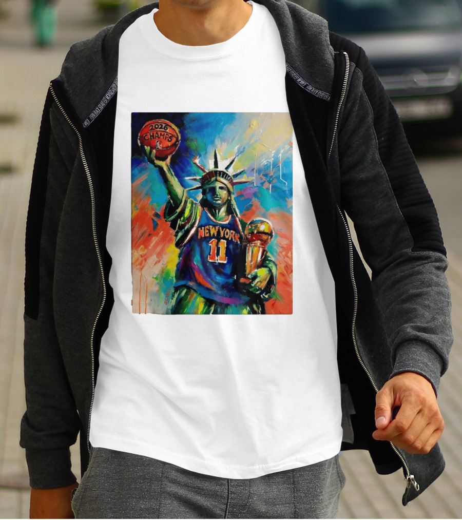 New York Knicks 11 Statue Of Liberty 2026 Champs Trophy Basketball T-Shirt