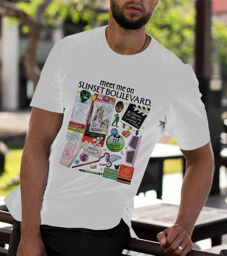 Meet Me On Sunset Boulevard Hollywood Tower Of Terror Theater Of The Stars Pizza Rizzo 3D Glasses Collage T-Shirt