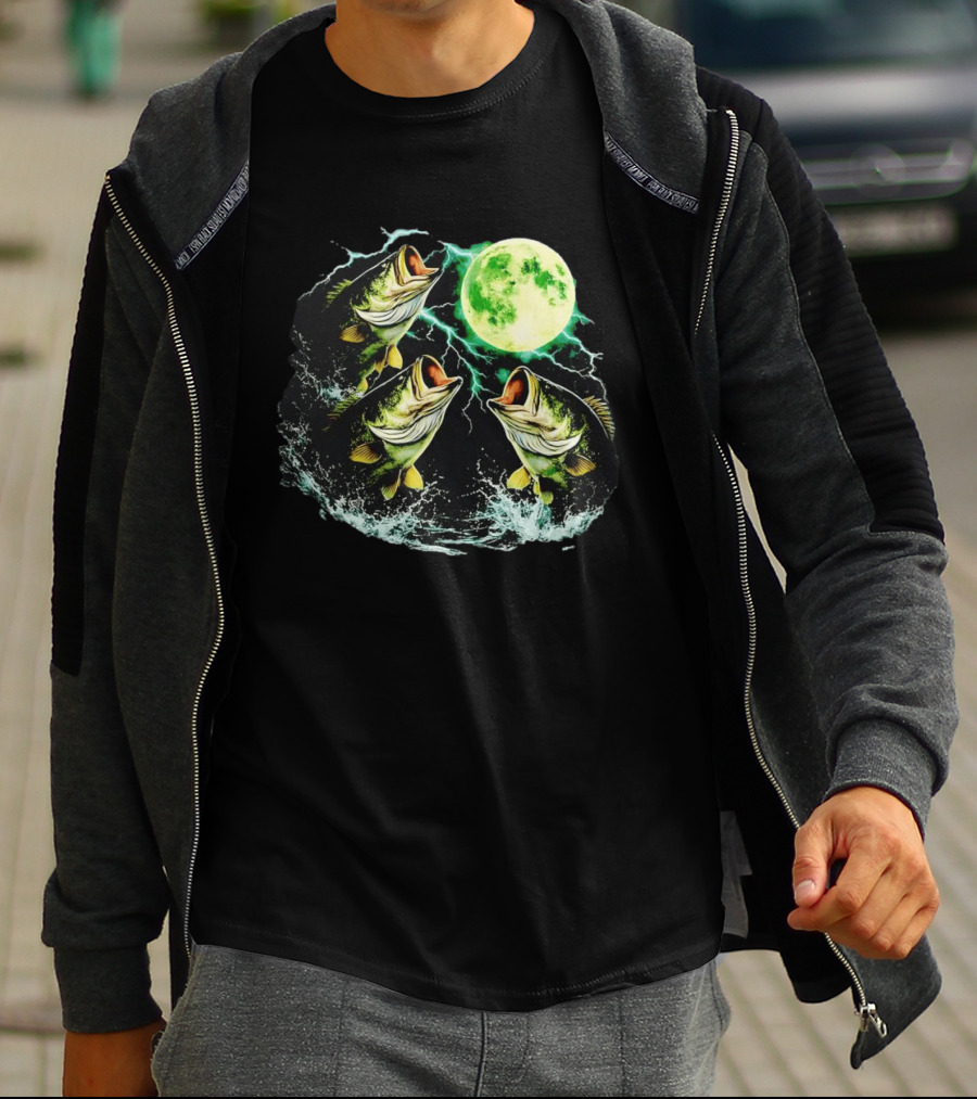 Bass Jumping Full Moon Night Wildlife Nature Scene T-Shirt