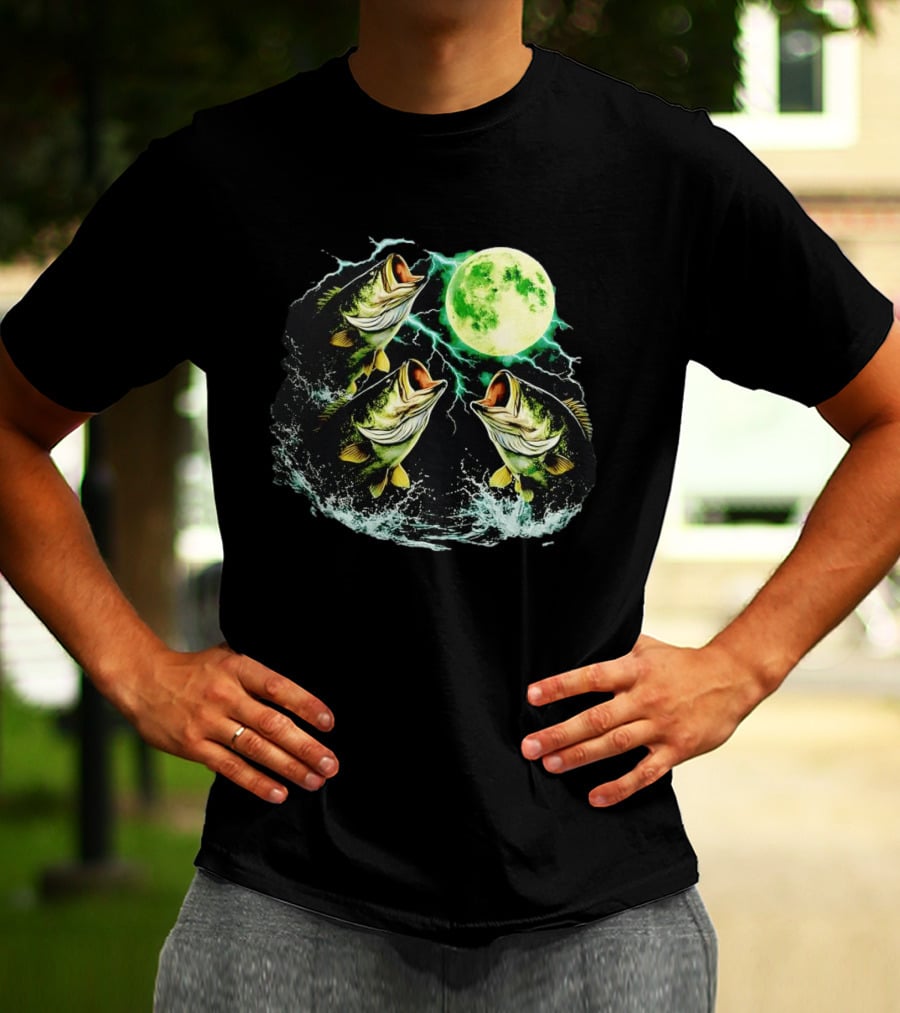 Bass Jumping Full Moon Night Wildlife Nature Scene T-Shirt