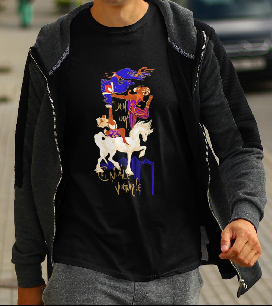 Cirque Style Acrobats On Horseback With Blue And Gold Accents T-Shirt