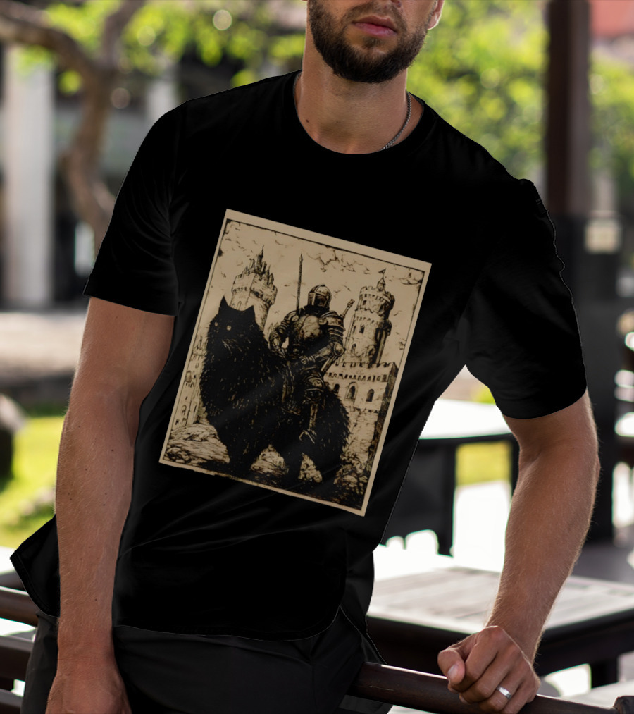 Knight Riding Giant Cat In Medieval Fantasy Castle Scene T-Shirt