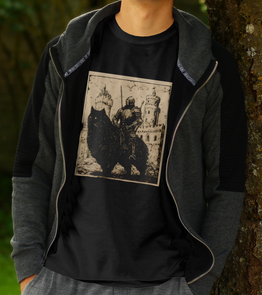 Knight Riding Giant Cat In Medieval Fantasy Castle Scene T-Shirt