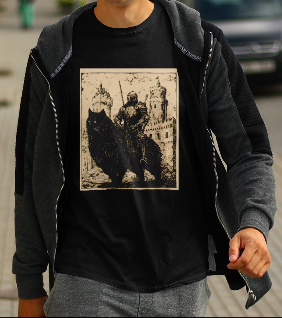 Knight Riding Giant Cat In Medieval Fantasy Castle Scene T-Shirt