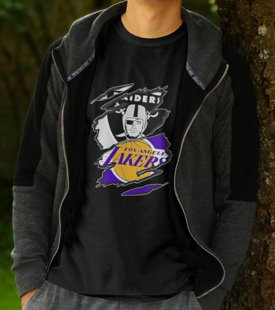Las Vegas Raiders Los Angeles Lakers Two Teams One Heart Scratch T-Shirt