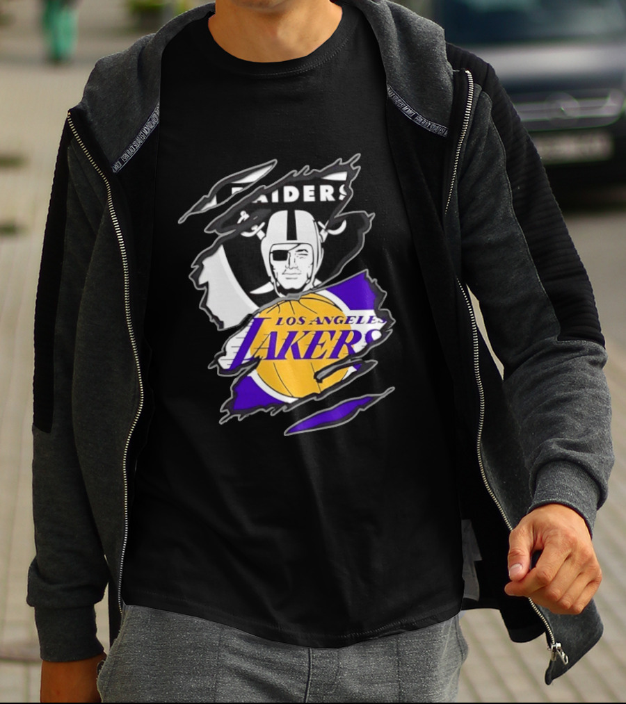 Las Vegas Raiders Los Angeles Lakers Two Teams One Heart Scratch T-Shirt