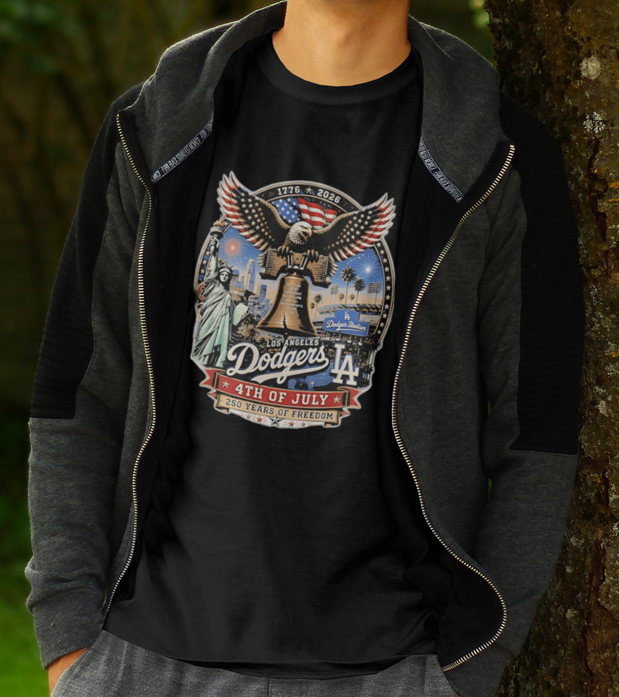 Los Angeles Dodgers 4th Of July 1776 2026 250 Years Of Freedom With Liberty Bell And Dodger Stadium T-Shirt