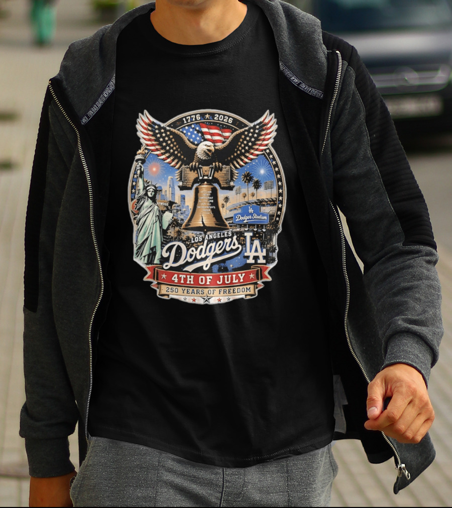Los Angeles Dodgers 4th Of July 1776 2026 250 Years Of Freedom With Liberty Bell And Dodger Stadium T-Shirt