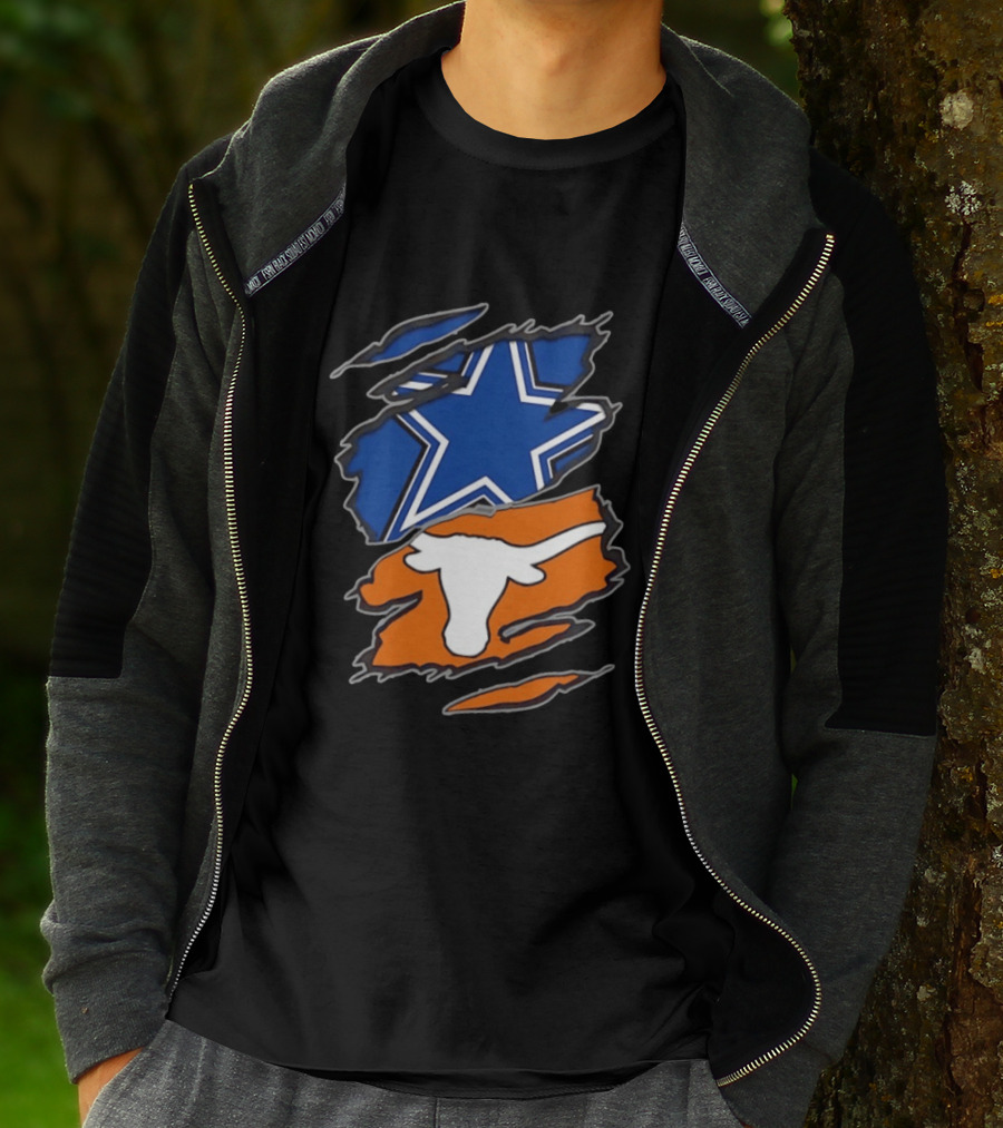 Dallas Cowboys Texas Longhorns Two Teams One Heart Scratch Torn Star Helmet T-Shirt