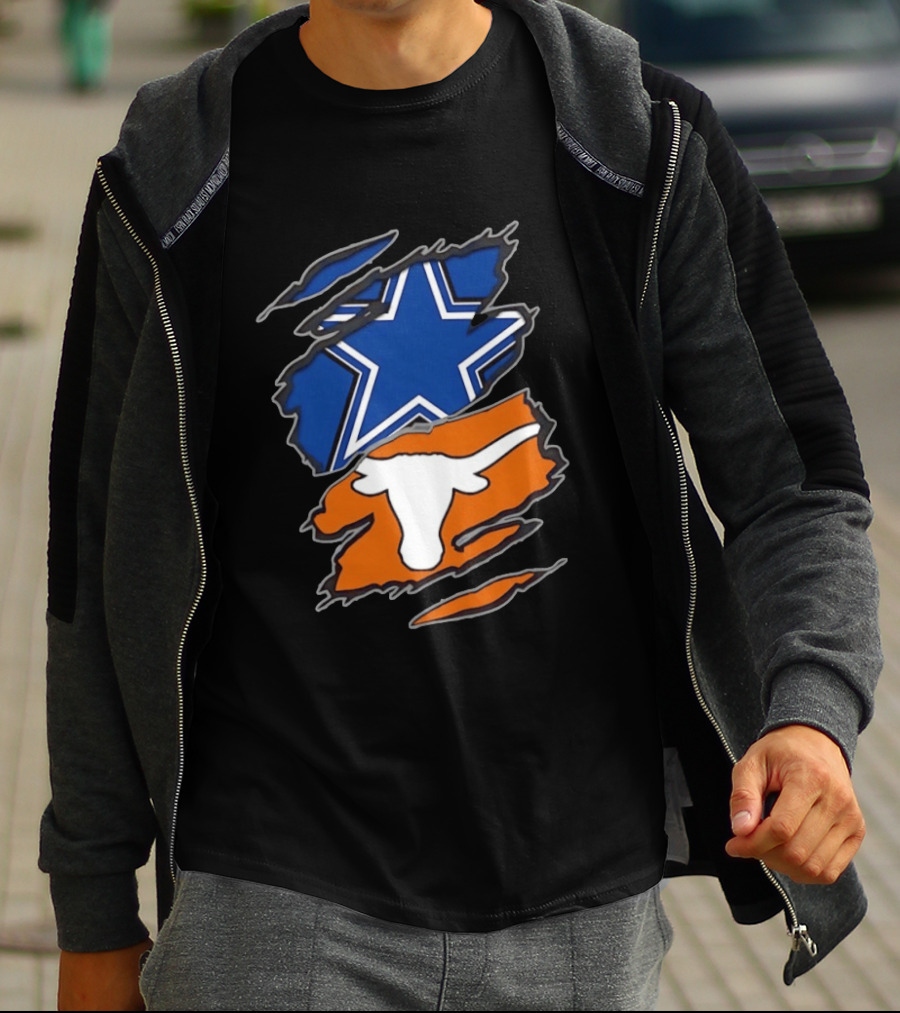 Dallas Cowboys Texas Longhorns Two Teams One Heart Scratch Torn Star Helmet T-Shirt