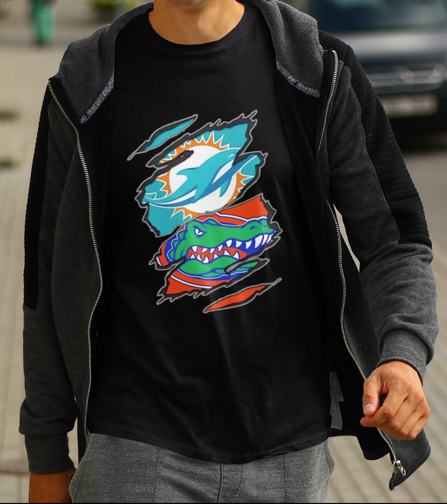 Miami Dolphins Florida Gators Two Teams One Heart Scratch T-Shirt