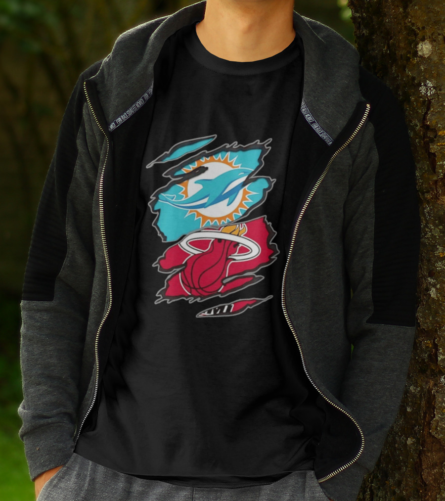 Miami Dolphins Miami Heat Two Teams One Heart Scratch T-Shirt