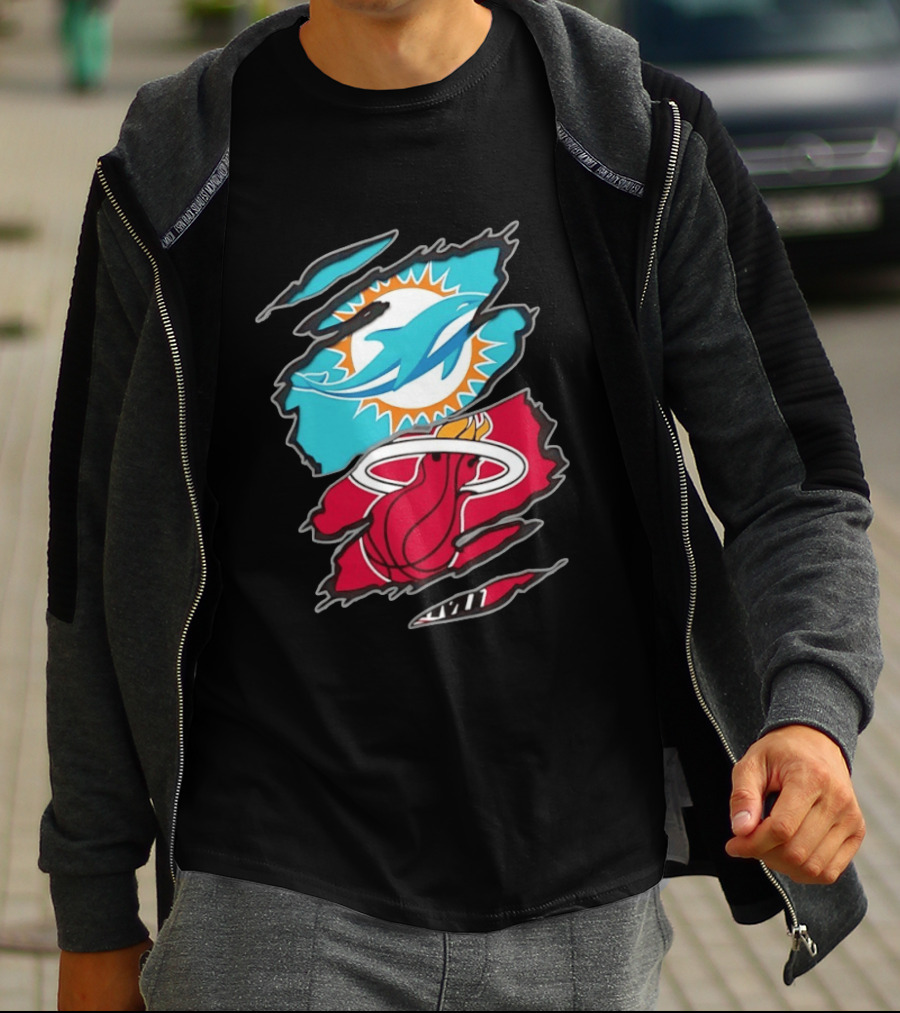 Miami Dolphins Miami Heat Two Teams One Heart Scratch T-Shirt