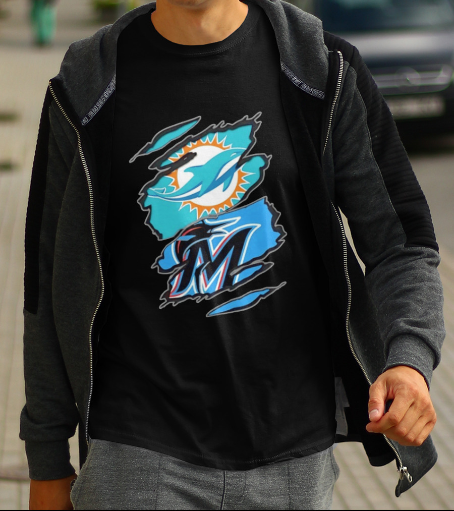 Miami Dolphins Miami Marlins Two Teams One Heart Scratch Marks T-Shirt