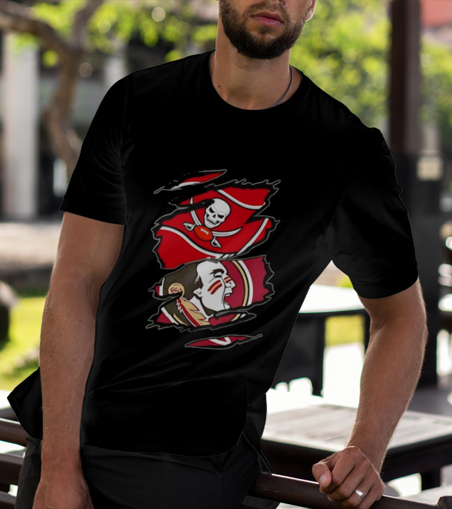 Tampa Bay Buccaneers And Florida State Seminoles Two Teams One Heart Scratch Skull Flag Warrior Face T-Shirt