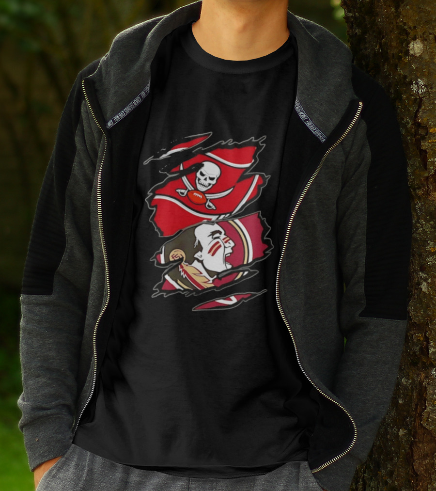 Tampa Bay Buccaneers And Florida State Seminoles Two Teams One Heart Scratch Skull Flag Warrior Face T-Shirt