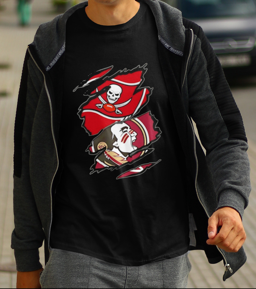 Tampa Bay Buccaneers And Florida State Seminoles Two Teams One Heart Scratch Skull Flag Warrior Face T-Shirt