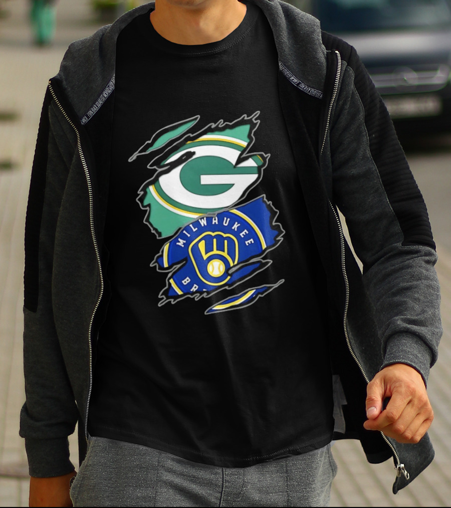 Green Bay Packers Milwaukee Brewers Two Teams One Heart Scratch T-Shirt