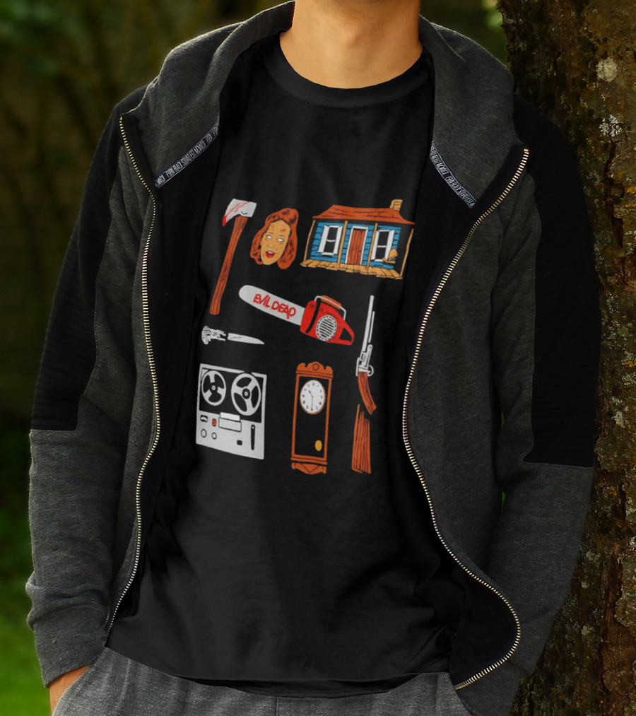 Evil Dead Horror Collage Chainsaw Cabin Axe Ash Williams T-Shirt