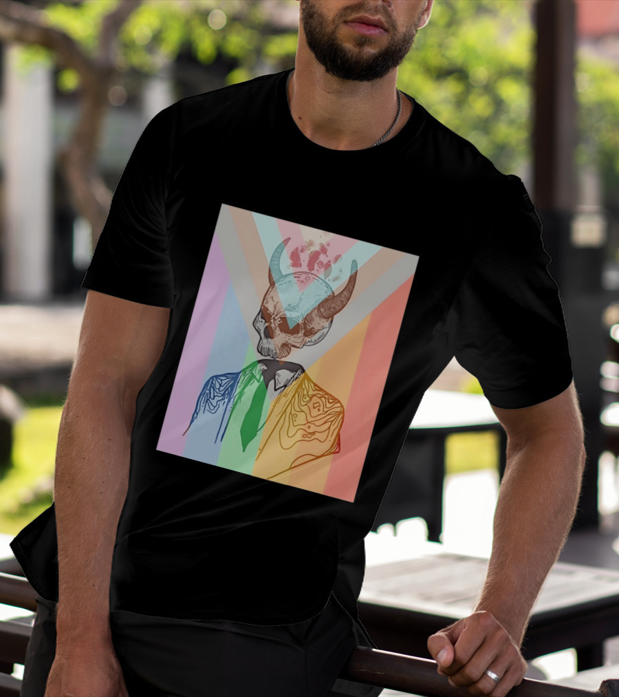 Horned Devil Skull Suit Pride Flag Surrealism Abstract Colorful T-Shirt