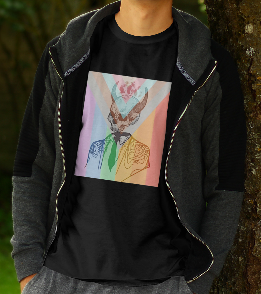 Horned Devil Skull Suit Pride Flag Surrealism Abstract Colorful T-Shirt