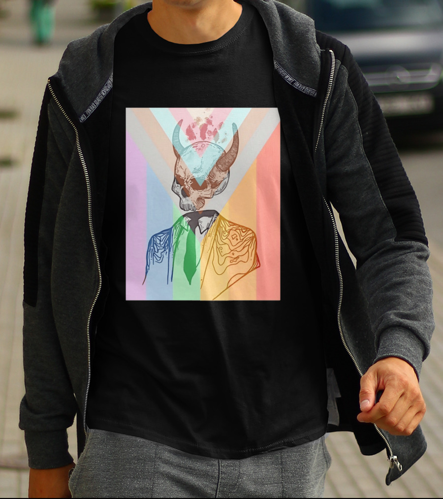 Horned Devil Skull Suit Pride Flag Surrealism Abstract Colorful T-Shirt