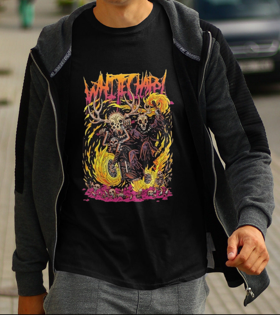 Whitechapel Bikers Skeleton Motorcycle Fire Scene T-Shirt